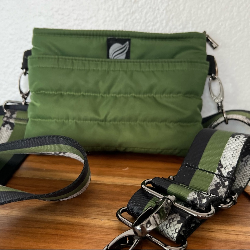 Think Royln Bum Bag Crossbody Puffer Handbag Green 2 Straps Green Snake Print